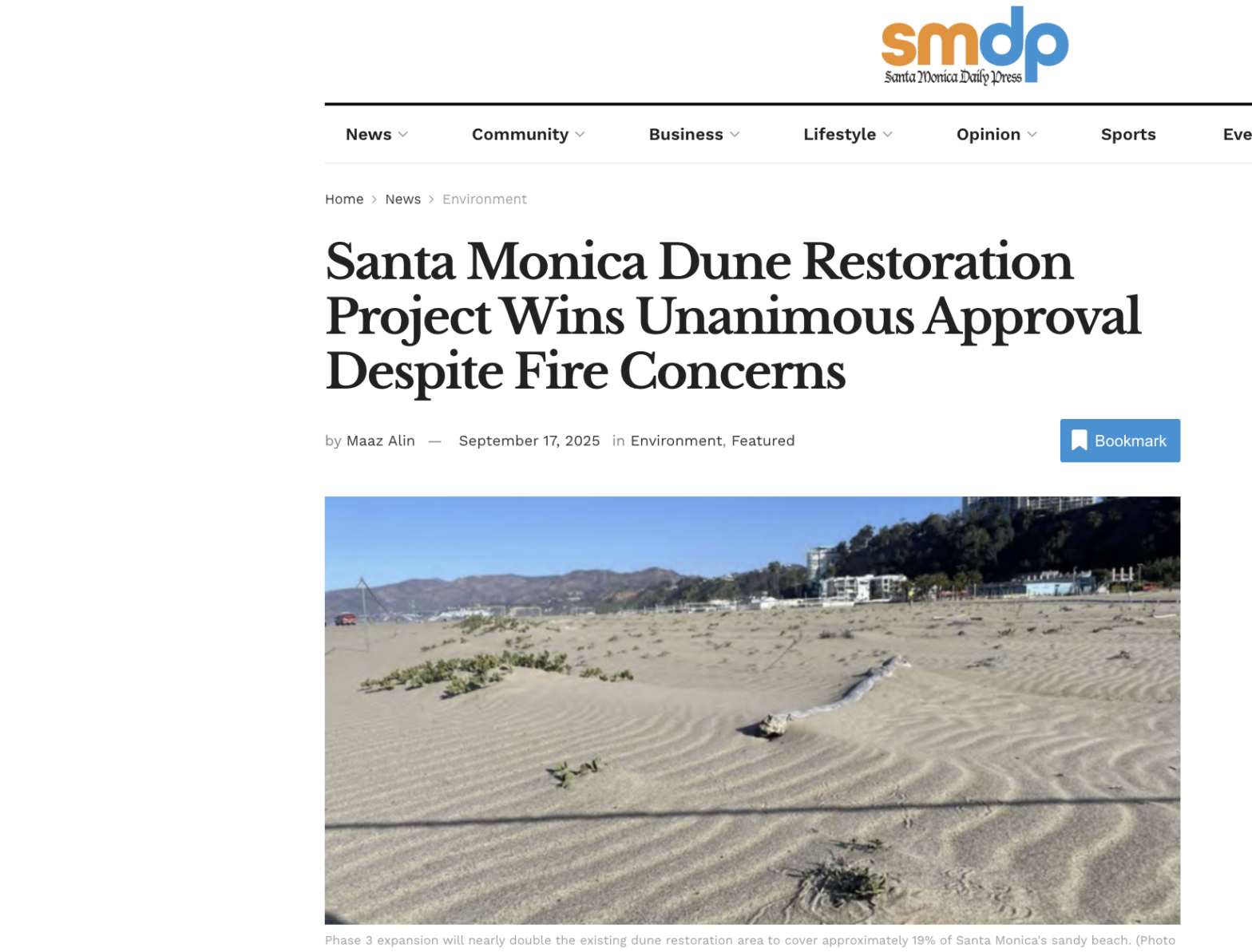 Santa Monica Daily Press logo and webpage with an image of Santa Monica dunes